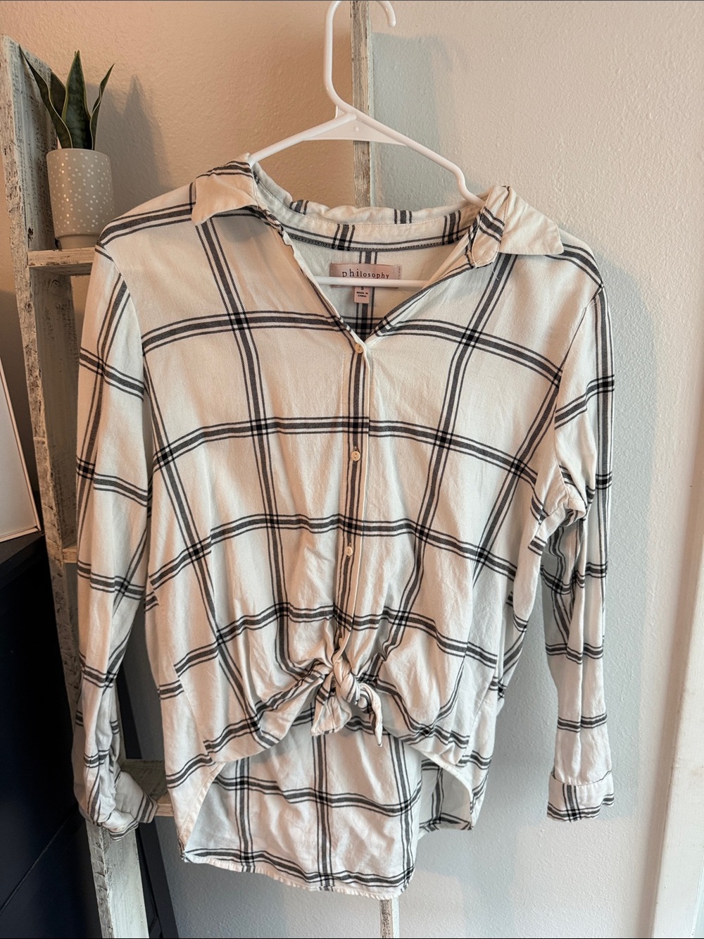 Philosophy Cream and Black Plaid Button-Front Tie-Hem Top